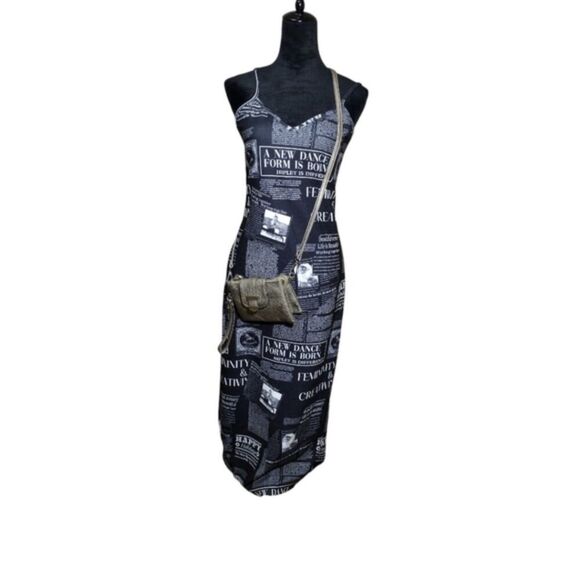 Mulvari Black & White Newspaper Print Bodycon Spaghetti Strap Maxi Dress XL! - Picture 14 of 15